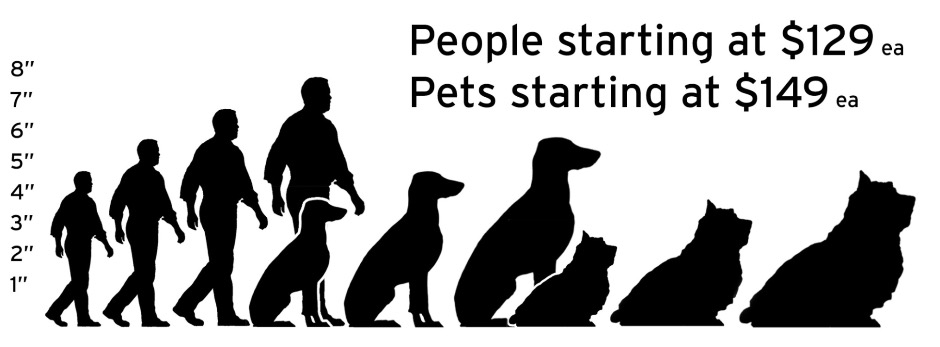 Size guide: people start at $129, pets at $149, from 1 to 8 inches